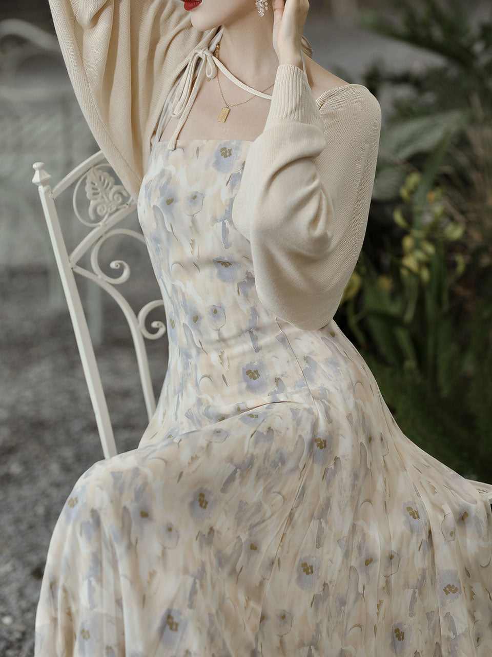 2PS Halter Floral Print 1950S Vintage Dress With Long Sleeve Coat