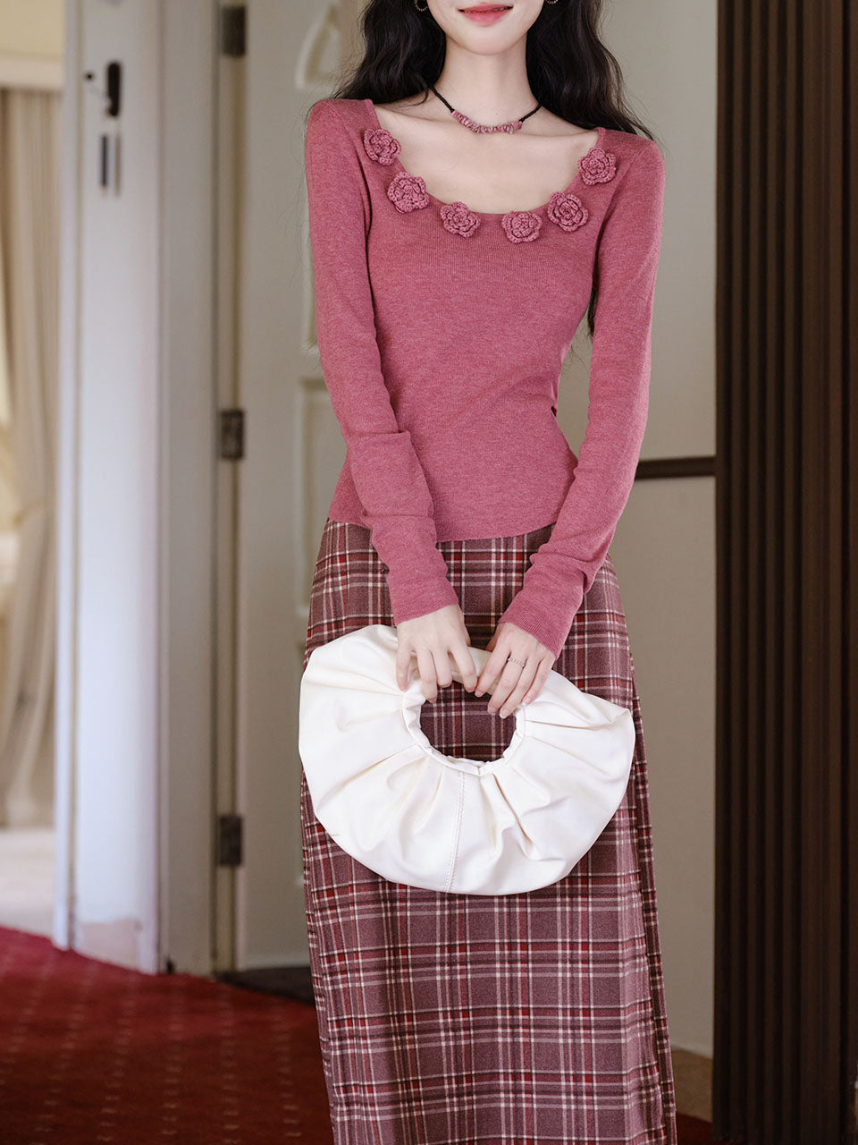 2PS Pink Rose Sweater And Plaid Straight Skirt 1950s Vintage Audrey Hepburn's Style Outfits