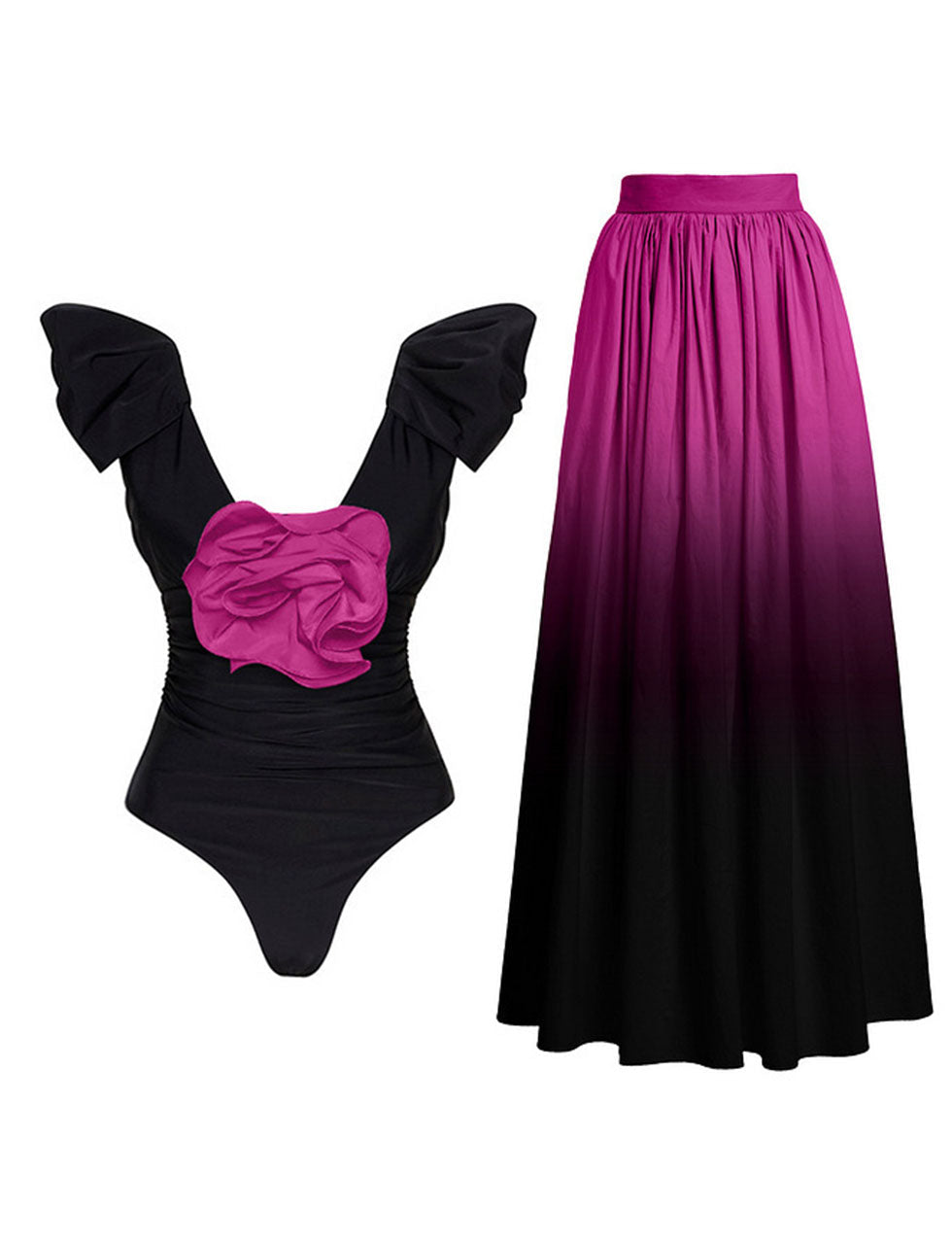 Purple Rose Ruffles One Piece With Bathing Suit Swing Skirt