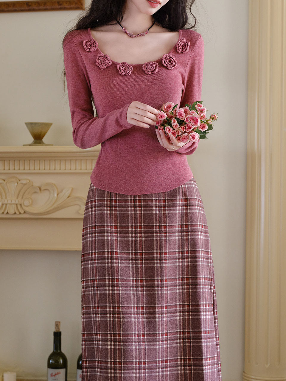 2PS Pink Rose Sweater And Plaid Straight Skirt 1950s Vintage Audrey Hepburn's Style Outfits