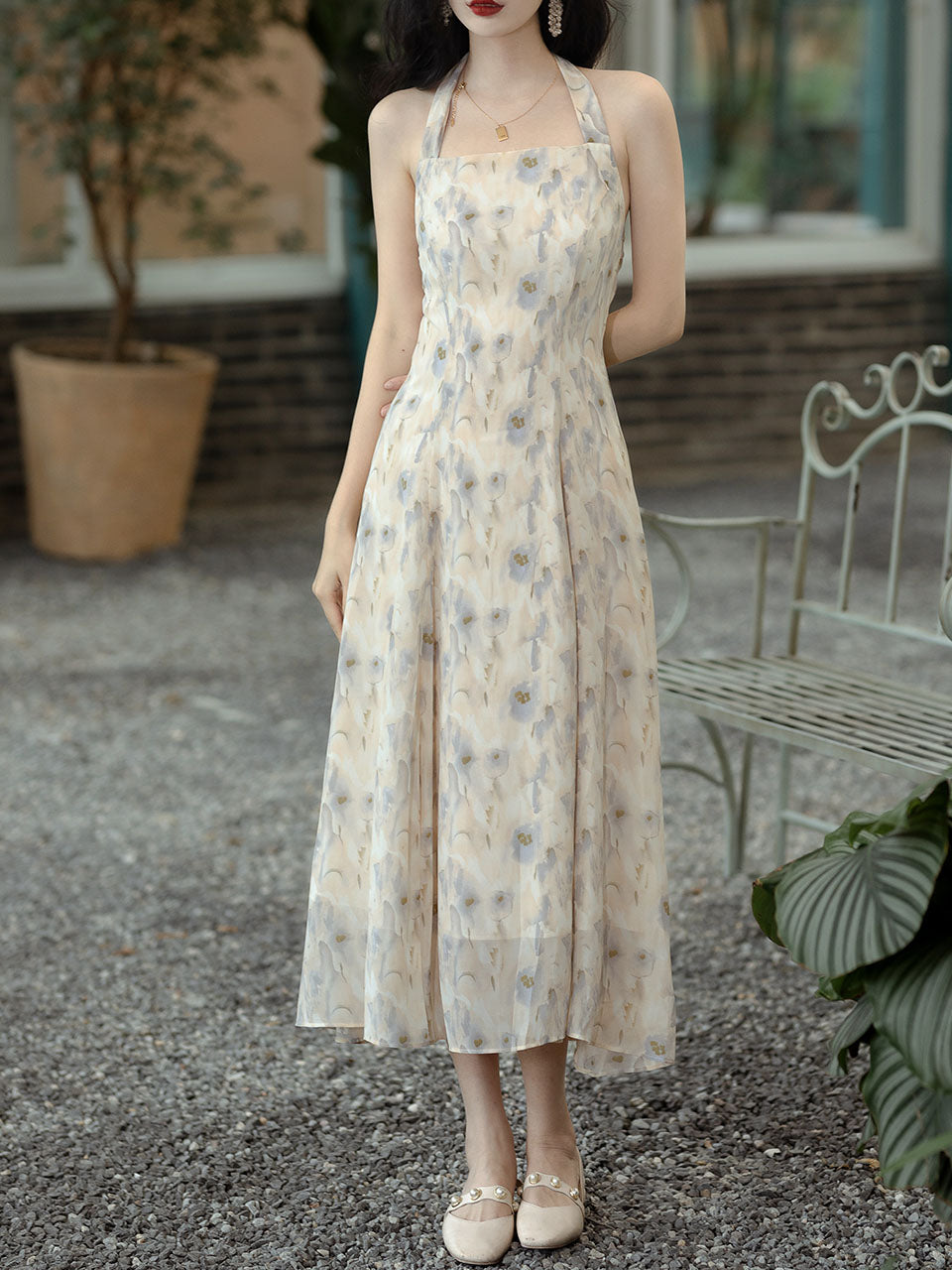 2PS Halter Floral Print 1950S Vintage Dress With Long Sleeve Coat
