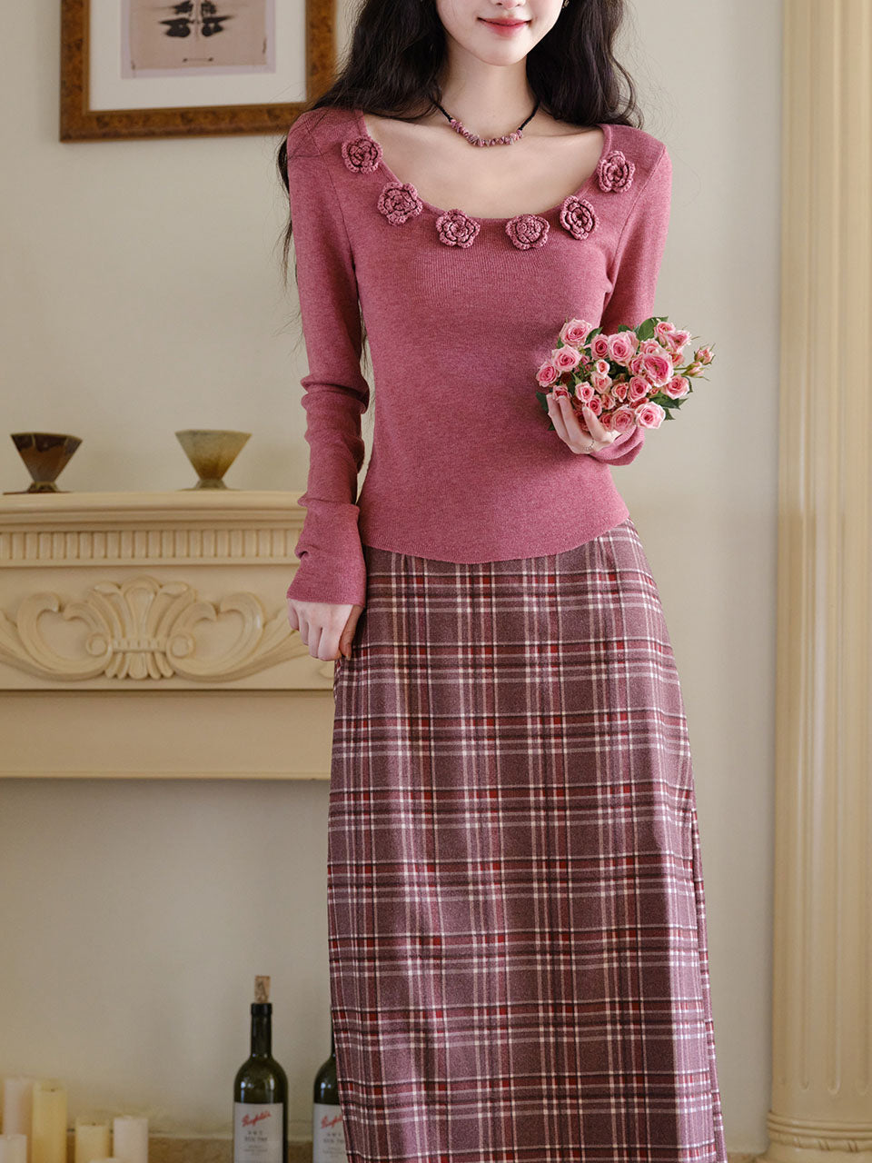 2PS Pink Rose Sweater And Plaid Straight Skirt 1950s Vintage Audrey Hepburn's Style Outfits